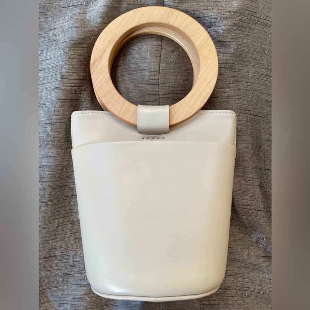 Modern Weaving Mini Wood Circle Handle Bucket Bag - Putty